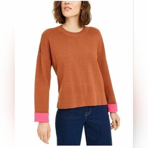 Bar III Becca Tilley x Contrast-Cuff Crewneck Sweater $59 Size L